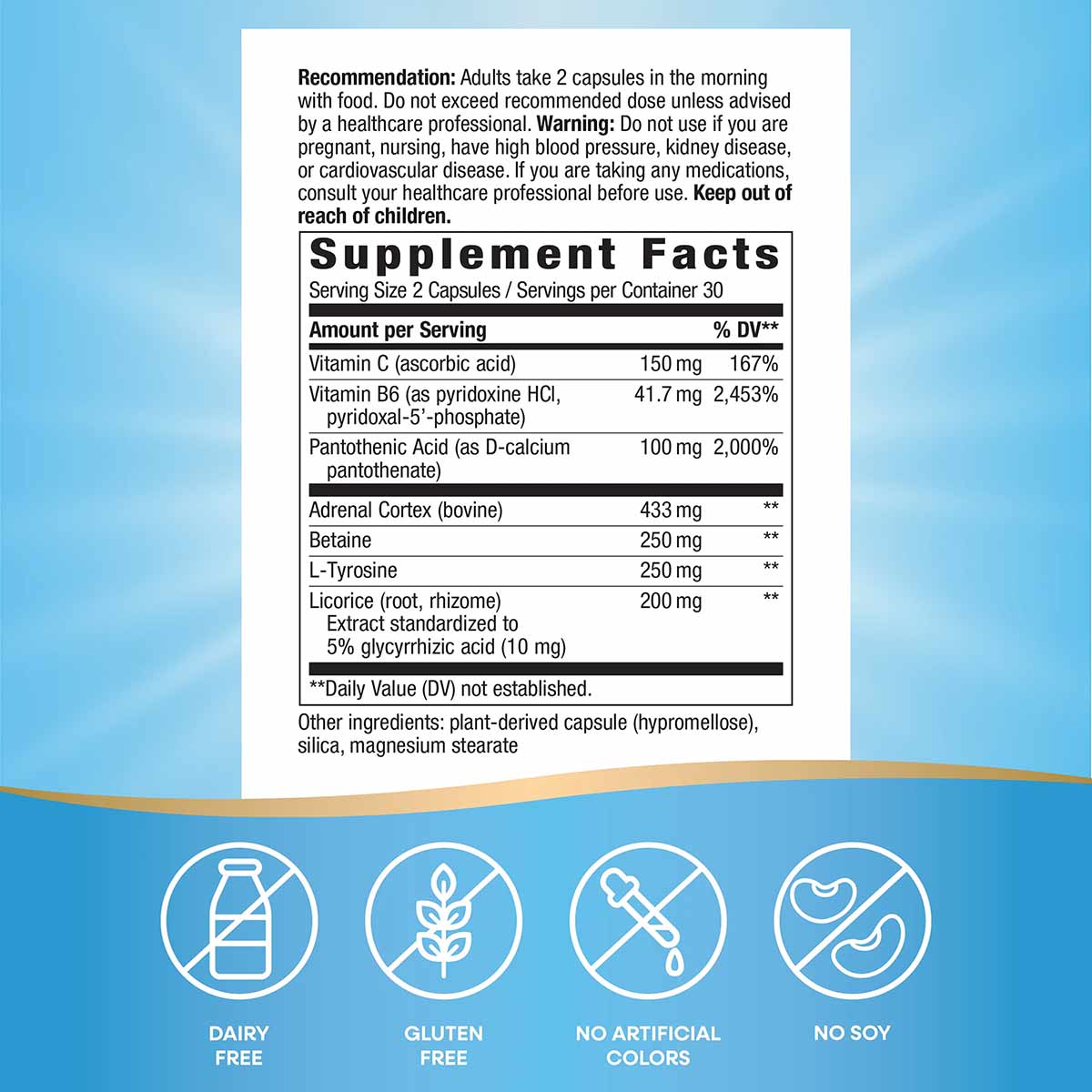 Supplement Facts label for Adrenal Stress End capsules showing ingredients including Vitamin C, B6, Pantothenic Acid, and Adr
