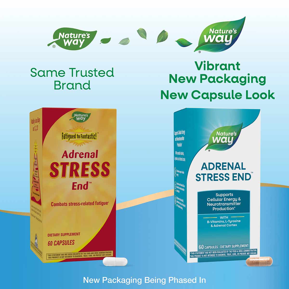 Nature's Way Adrenal Stress End supplement bottles showing old yellow packaging on left and new teal packaging on right with 