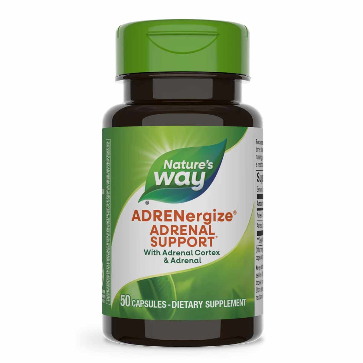 Nature's Way ADRENergize Adrenal Support dietary supplement bottle with green cap containing 50 capsules.