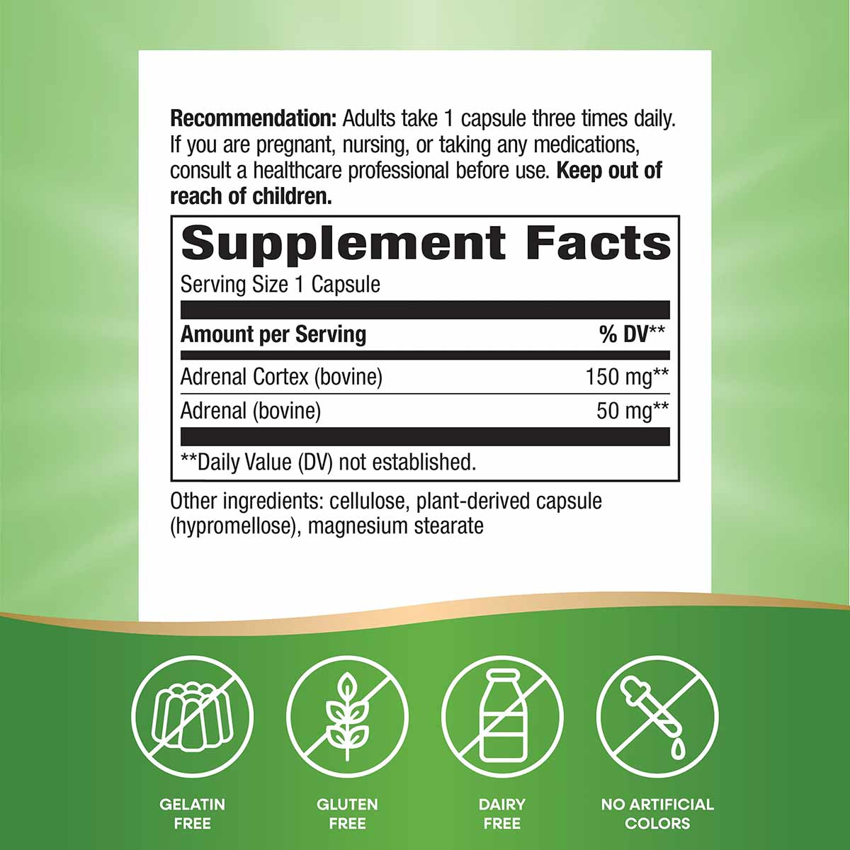 Supplement label showing ADRENergize dosage instructions, supplement facts with adrenal cortex and adrenal ingredients, and i