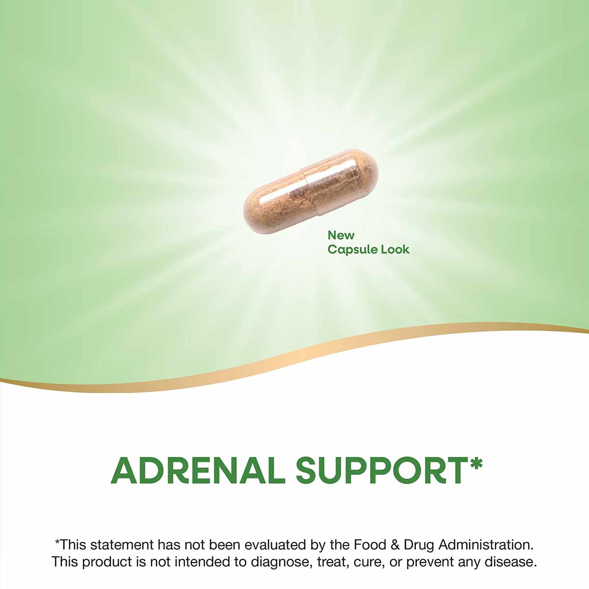 Brown and tan capsule supplement on green background with "New Capsule Look" text and "Adrenal Support" label.