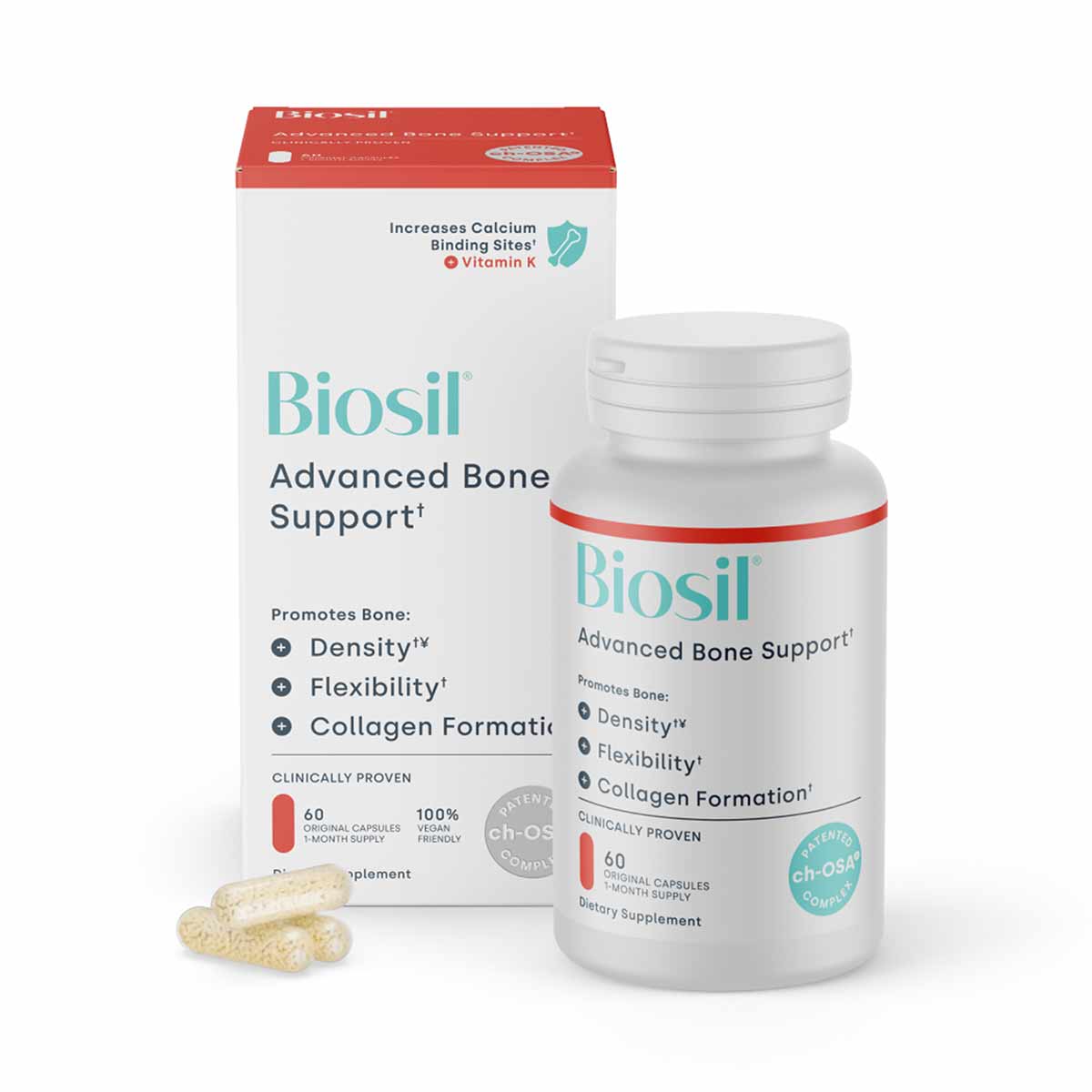 BioSil Advanced Bone Support bottle and box with two capsules displayed in front.