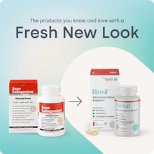 BioSil Advanced Bone Support bottle and box shown with older Bone Collagenizer product on left against turquoise background.