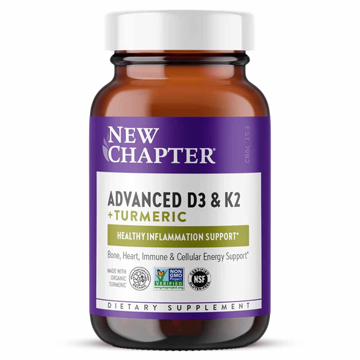 Brown glass bottle with purple and white label for New Chapter Advanced D3 & K2 + Turmeric dietary supplement.