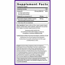 Supplement facts label for vitamin D3, K2, and turmeric capsules by New Chapter with purple border.