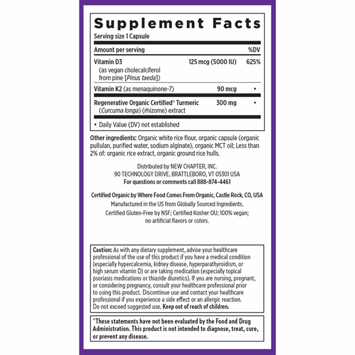 Supplement facts label for vitamin D3, K2, and turmeric capsules by New Chapter with purple border.