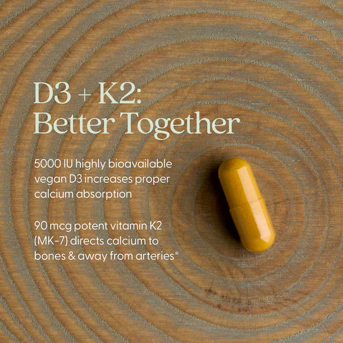 Yellow vitamin capsule on wood grain background with concentric circle pattern and text about D3 and K2 benefits.