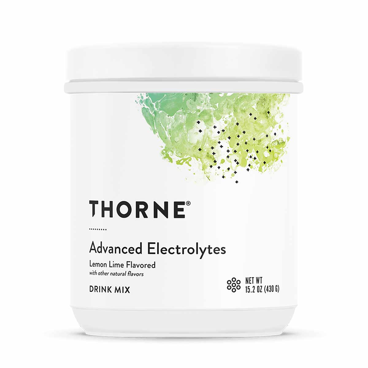 White container of Thorne Advanced Electrolytes lemon lime flavored drink mix, 15.2 oz, with green watercolor design on lid.