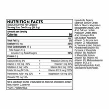 Nutrition Facts label for Advanced Electrolytes powder showing serving size, calories, electrolytes, vitamins, and ingredient
