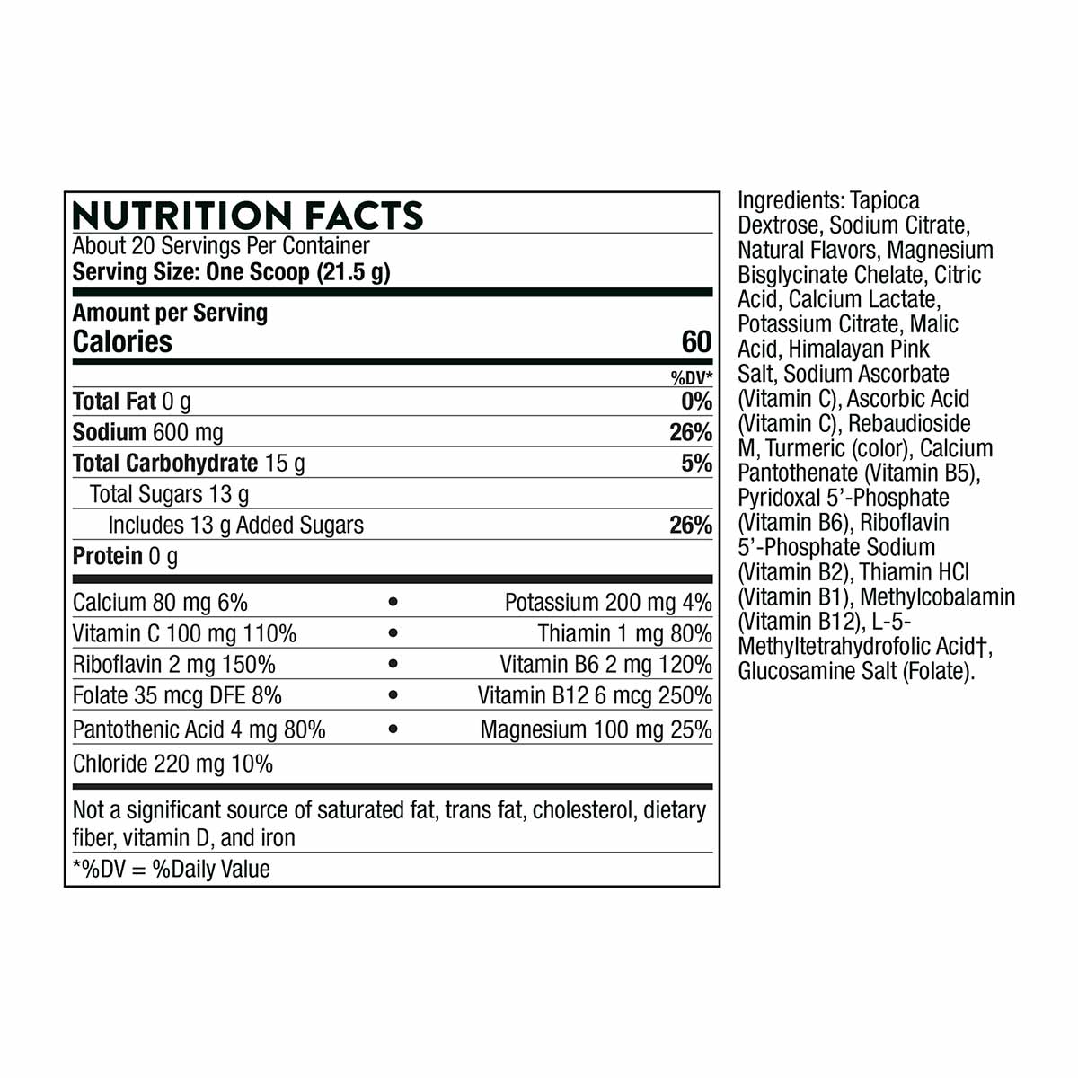 Nutrition Facts label for Advanced Electrolytes powder showing serving size, calories, electrolytes, vitamins, and ingredient