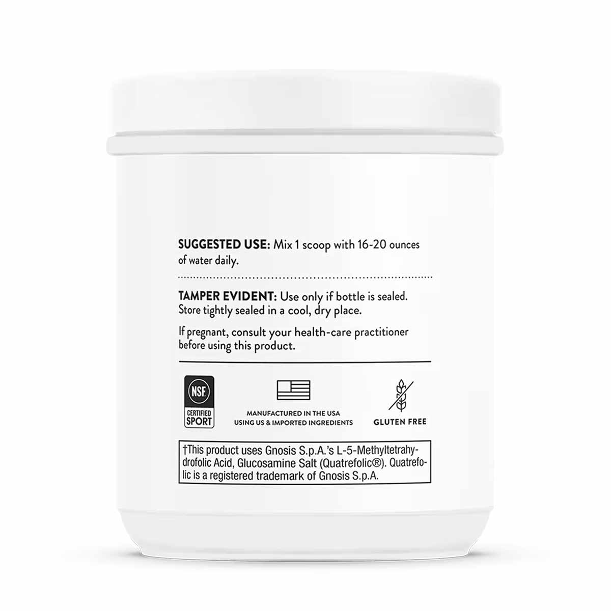 White powder container with white scoop-lid showing usage instructions, NSF Certified Sport label, and "Manufactured in the U