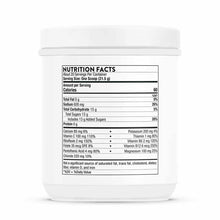 White plastic container with nutrition facts label displaying serving size, calories, electrolytes, vitamins, and minerals in
