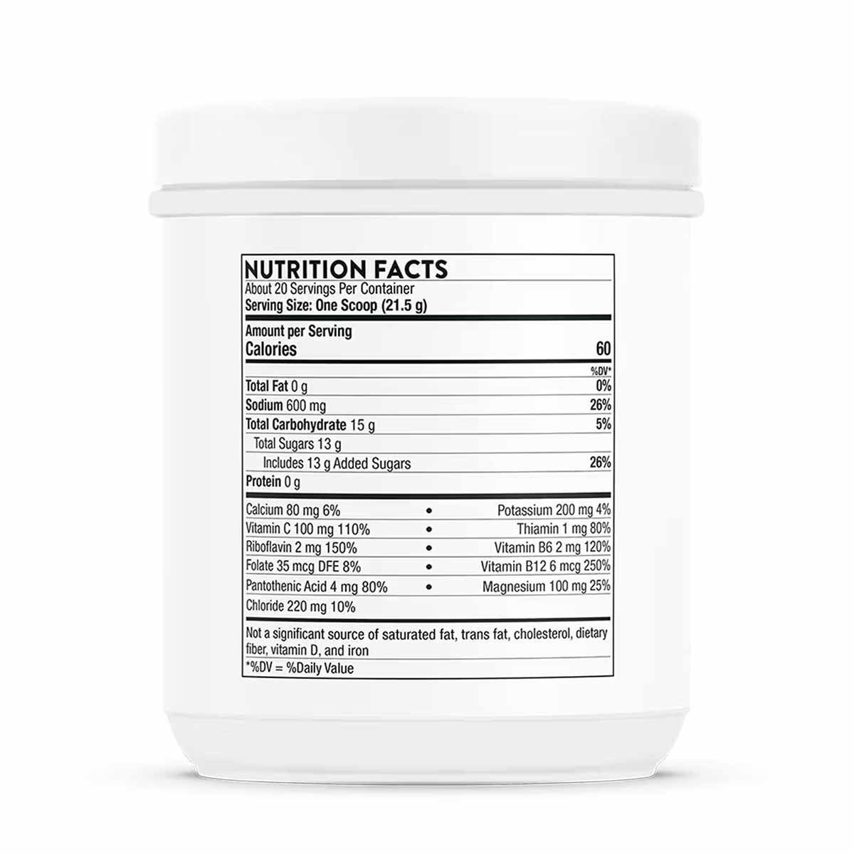 White plastic container with nutrition facts label displaying serving size, calories, electrolytes, vitamins, and minerals in