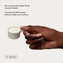 Hand holding white scoop filled with cream-colored electrolyte powder, with usage instructions displayed above.