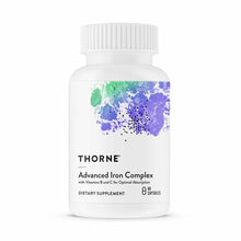 Bottle of Thorne Advanced Iron Complex dietary supplement with white cap and colorful watercolor label design.