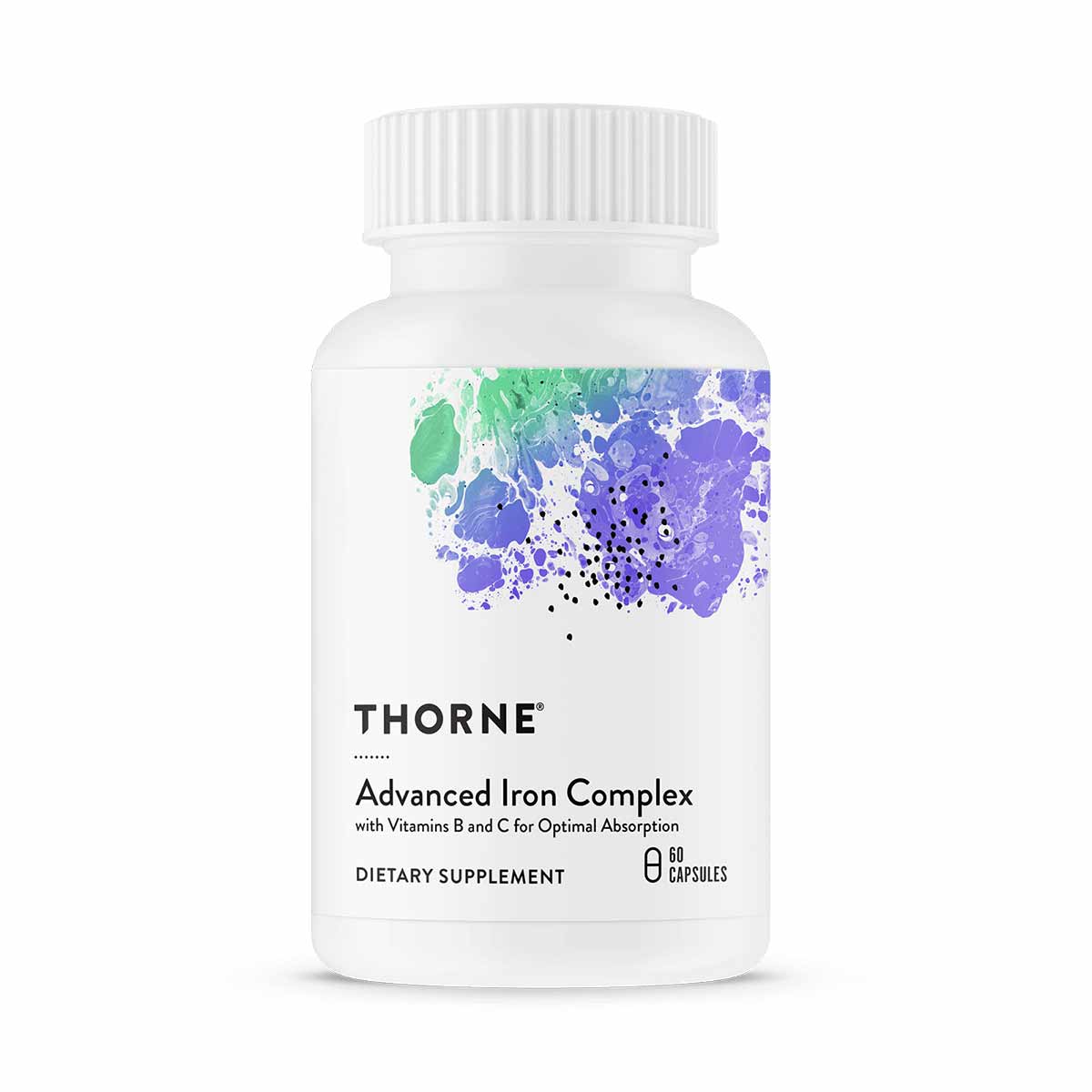 Bottle of Thorne Advanced Iron Complex dietary supplement with white cap and colorful watercolor label design.