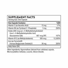 Supplement Facts label showing serving size, ingredients, and daily values for iron complex capsule supplement.