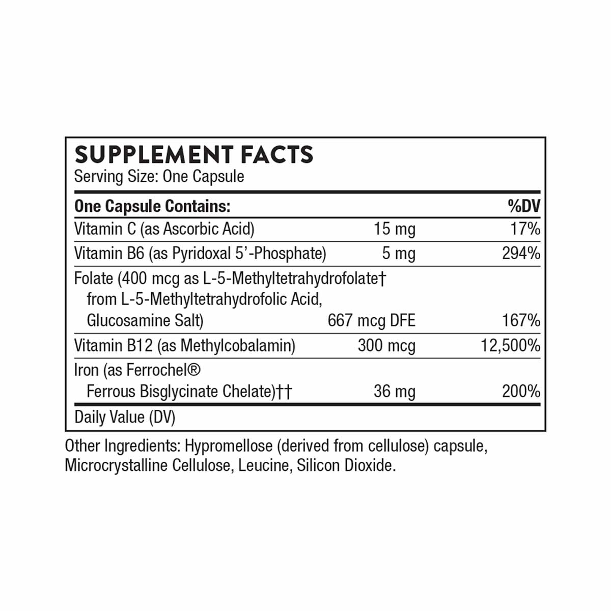Supplement Facts label showing serving size, ingredients, and daily values for iron complex capsule supplement.