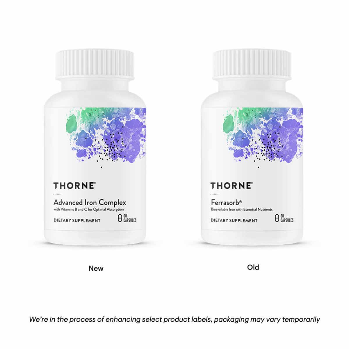Two white Thorne Research supplement bottles with colorful watercolor design, labeled Advanced Iron Complex and Ferrasorb.