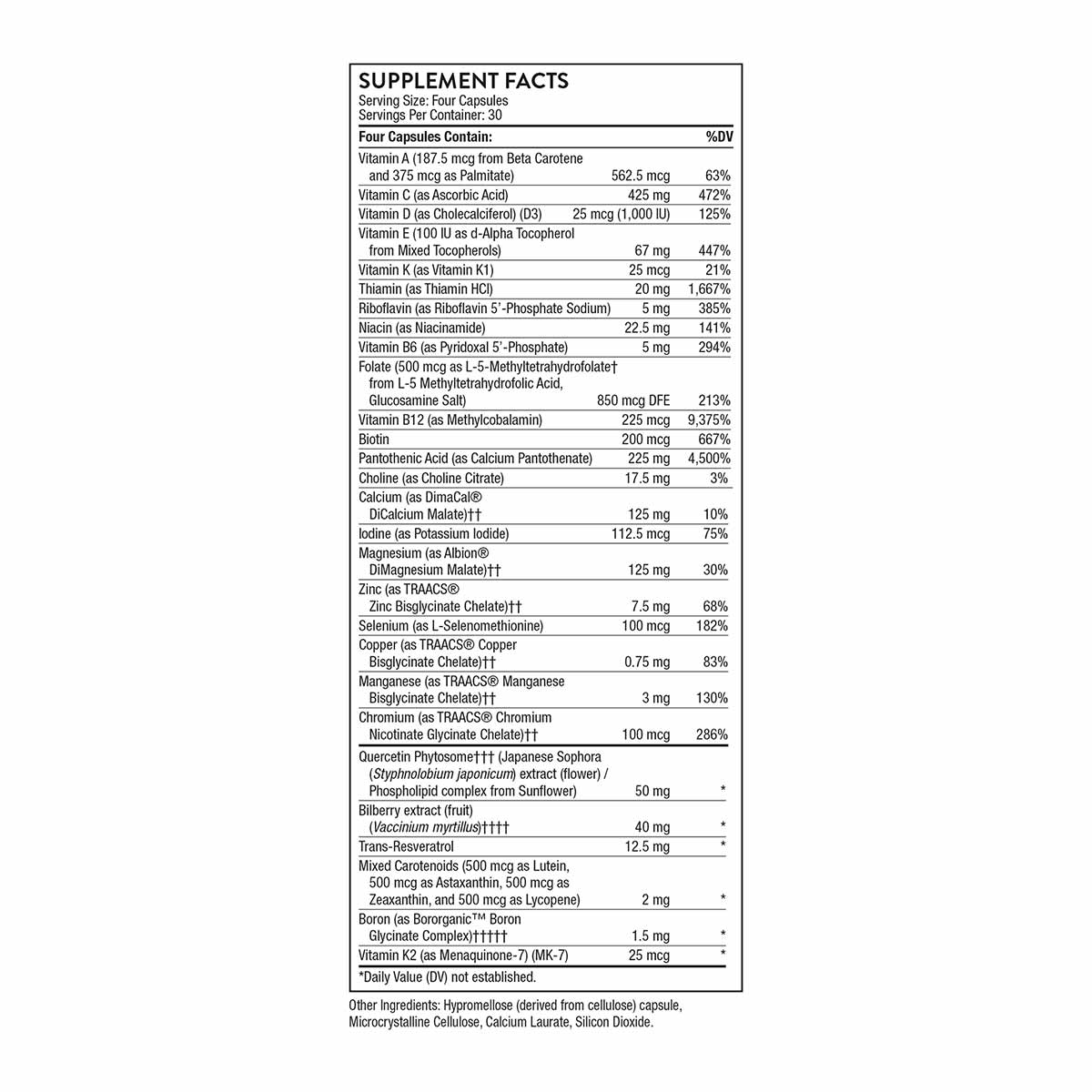 Supplement Facts label for Advanced Nutrients capsules by Thorne Research listing vitamins, minerals, and botanical ingredien