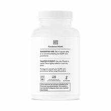 White plastic supplement bottle with white cap labeled "Foundational Health" by Thorne Research, 120 capsules.
