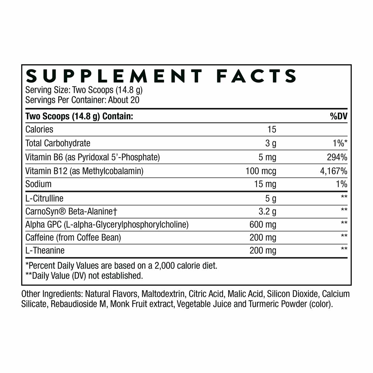 Supplement Facts label for Thorne Research Advanced Pre-Workout showing serving size, calories, vitamins, and ingredient list