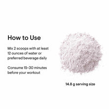 Light purple powder pre-workout supplement with usage instructions and 14.8 g serving size displayed.