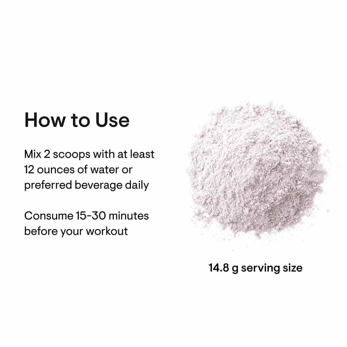 Light purple powder pre-workout supplement with usage instructions and 14.8 g serving size displayed.