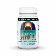 White bottle of Source Naturals AHCC 500 mg dietary supplement capsules with eclipse-themed label, 30 capsules.