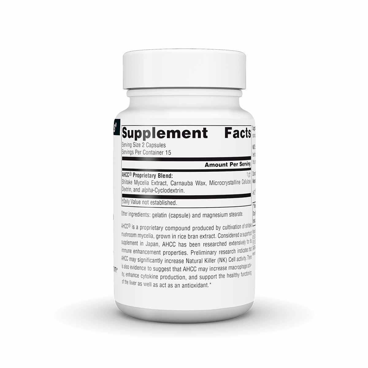 White bottle of Source Naturals AHCC 500 mg capsules with white cap and supplement facts label.