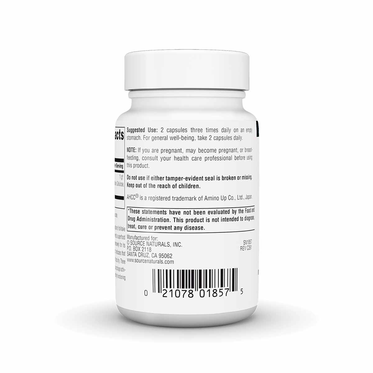 White supplement bottle labeled AHCC 500 Mg Capsules by Source Naturals with usage instructions and barcode on label.