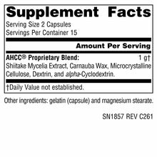 Supplement Facts label for AHCC 500 mg capsules showing serving size, ingredients, and nutritional information.