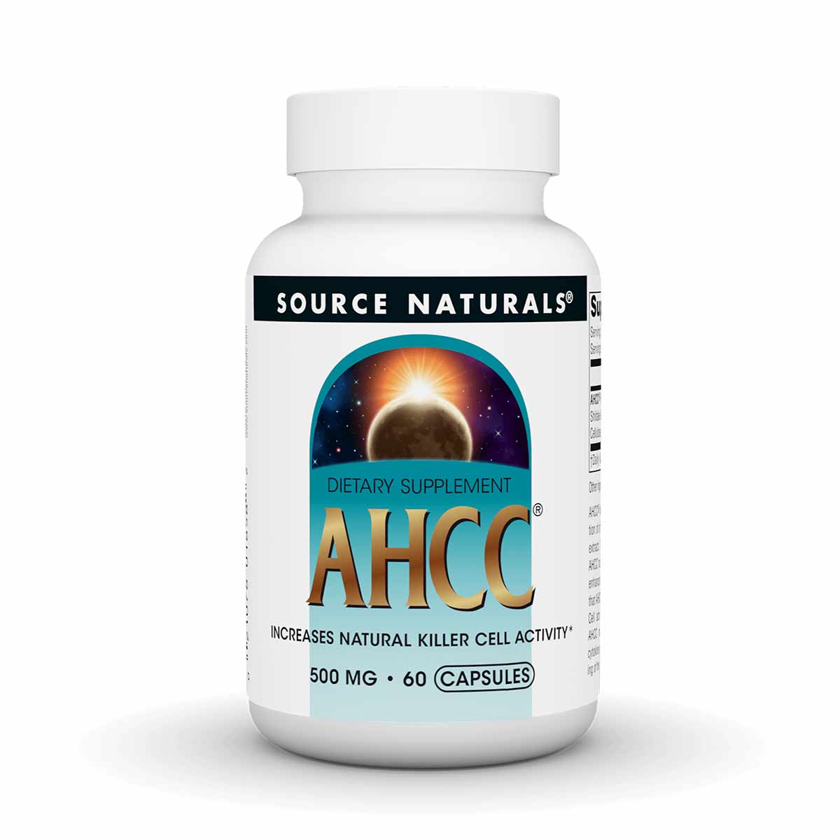 White bottle of Source Naturals AHCC 500 mg dietary supplement capsules with eclipse-themed label, 60 count.