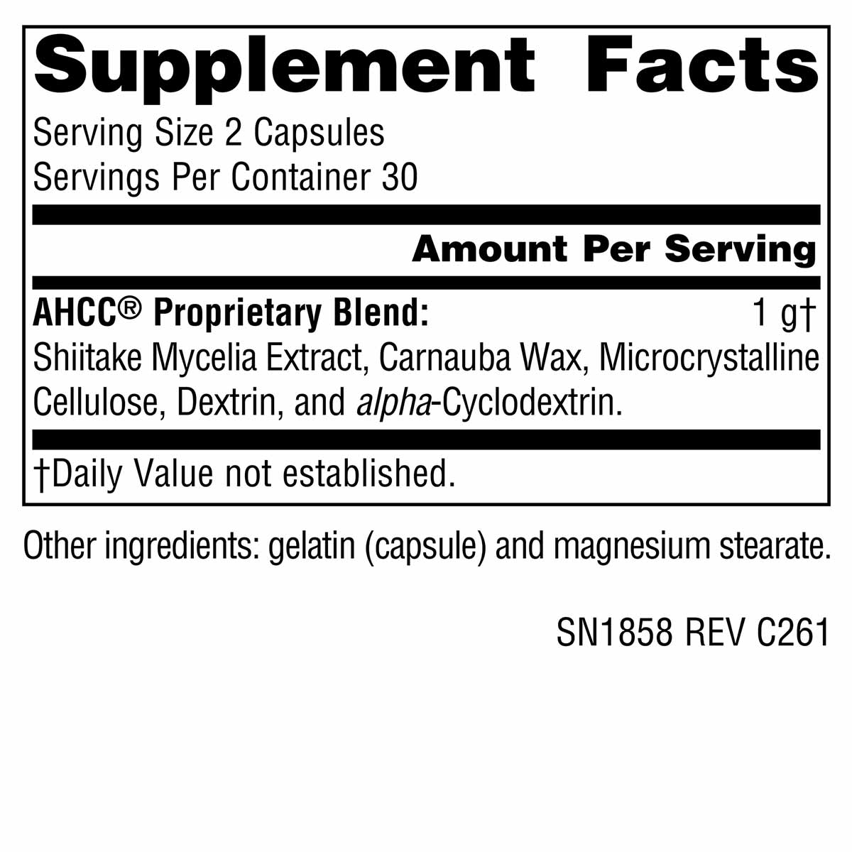 Supplement facts label for AHCC 500 mg capsules showing serving size, ingredients, and nutritional information.