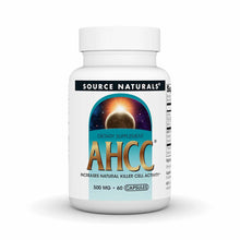 White bottle of Source Naturals AHCC 500 mg vegetable capsules with celestial eclipse label, 60 count.