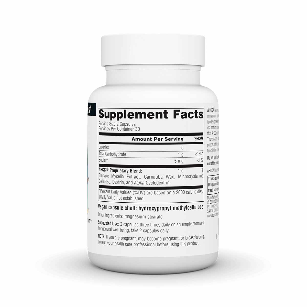 White bottle of Source Naturals AHCC 500 mg vegetarian capsules with white cap and supplement facts label visible.