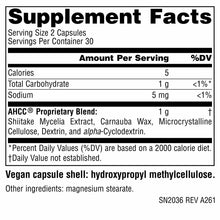 Supplement Facts label for AHCC 500 Mg vegetable capsules showing serving size, nutritional information, and ingredient list.