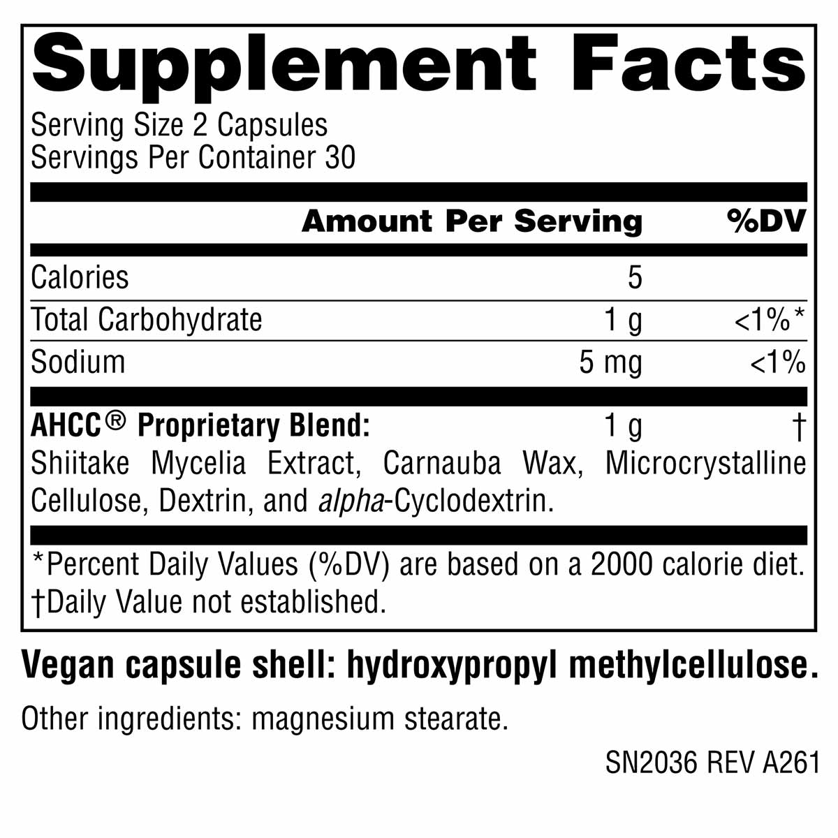 Supplement Facts label for AHCC 500 Mg vegetable capsules showing serving size, nutritional information, and ingredient list.