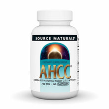 White bottle of Source Naturals AHCC dietary supplement, 750 mg, 60 capsules, with turquoise and gold label.