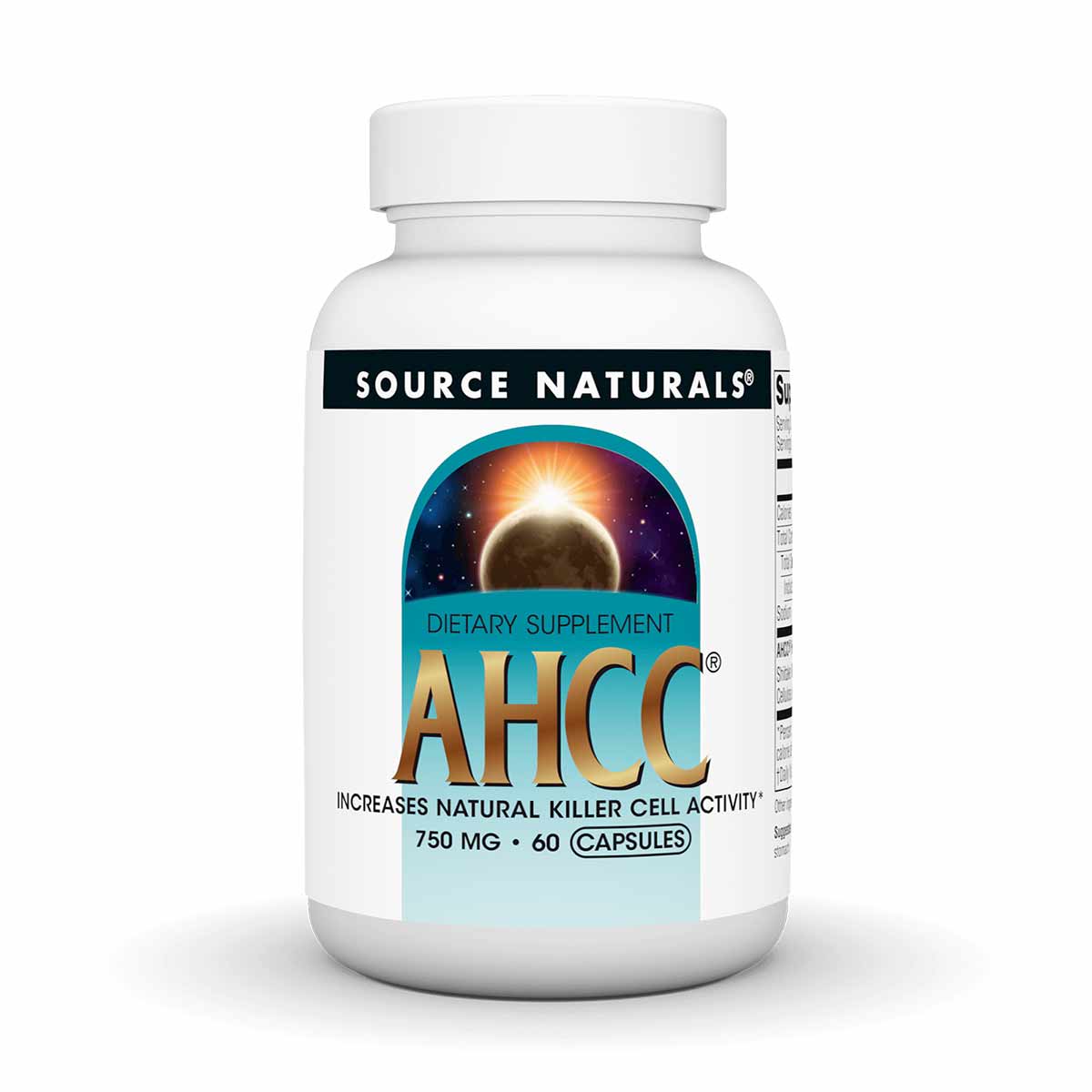 White bottle of Source Naturals AHCC dietary supplement, 750 mg, 60 capsules, with turquoise and gold label.
