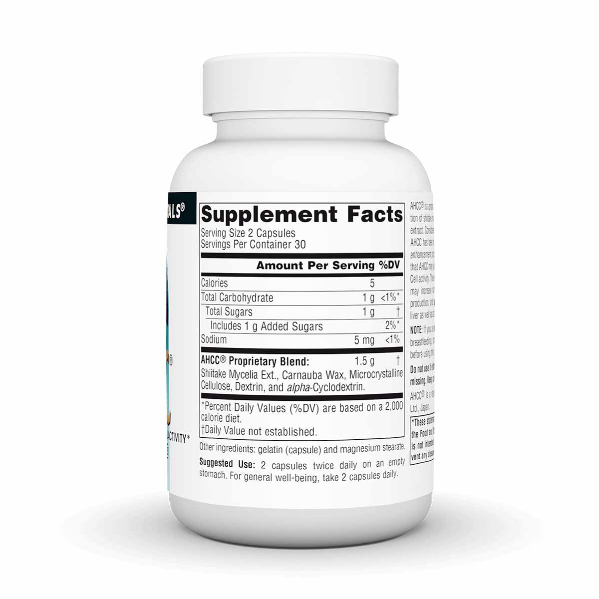White supplement bottle with black Supplement Facts label listing AHCC proprietary blend and serving instructions.