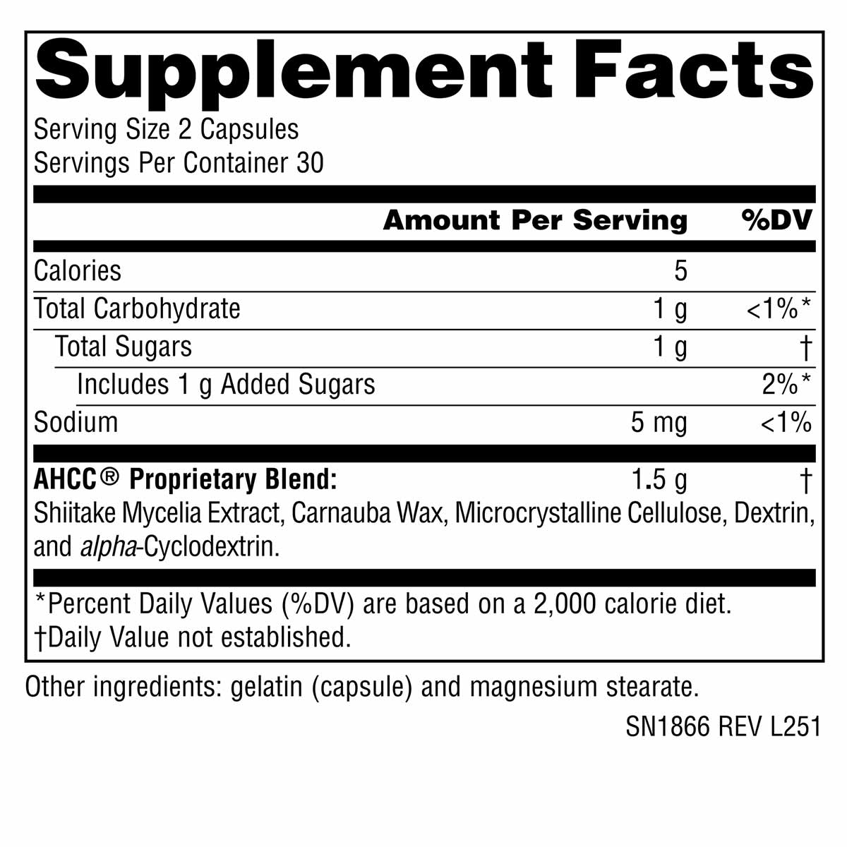 Supplement Facts label for AHCC 750 mg capsules showing serving size, nutritional information, and proprietary blend ingredie