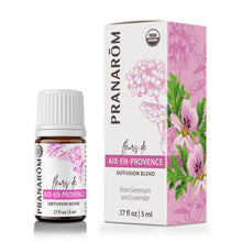 Pranarom Aix-En-Provence diffusion blend essential oil bottle and pink box with floral illustrations and USDA organic label.
