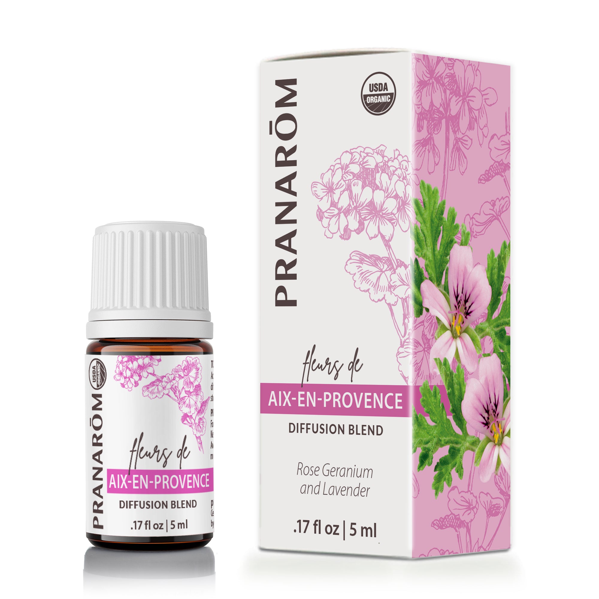 Pranarom Aix-en-Provence diffusion blend bottle and box with pink floral design and USDA organic certification label.