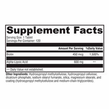 Supplement Facts label showing serving size of 1 tablet with 120 servings per container, containing biotin and alpha-lipoic a
