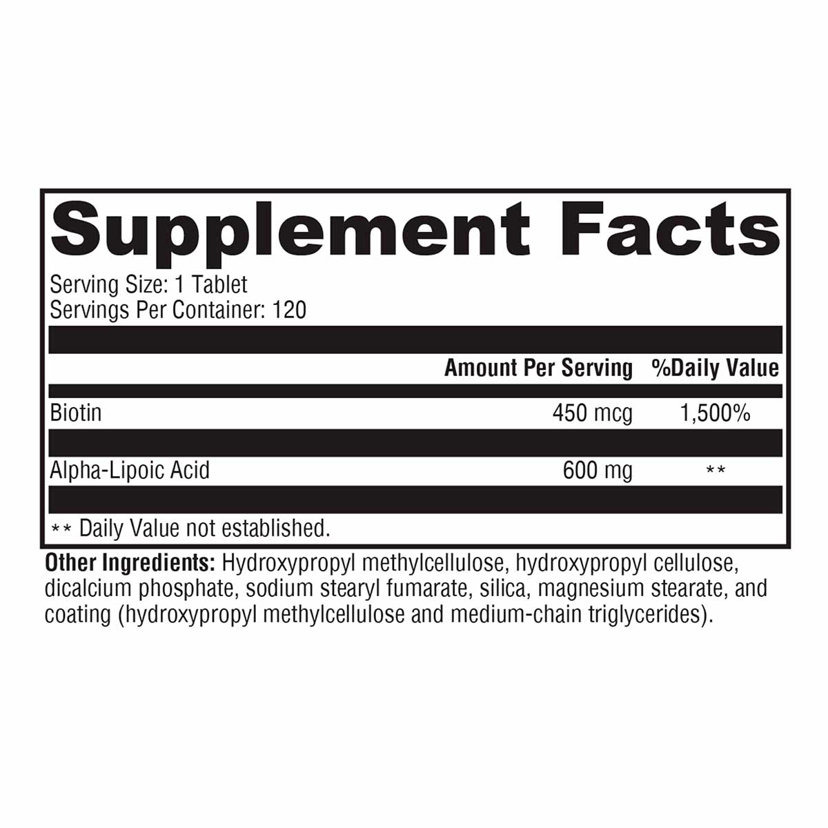 Supplement Facts label showing serving size of 1 tablet with 120 servings per container, containing biotin and alpha-lipoic a
