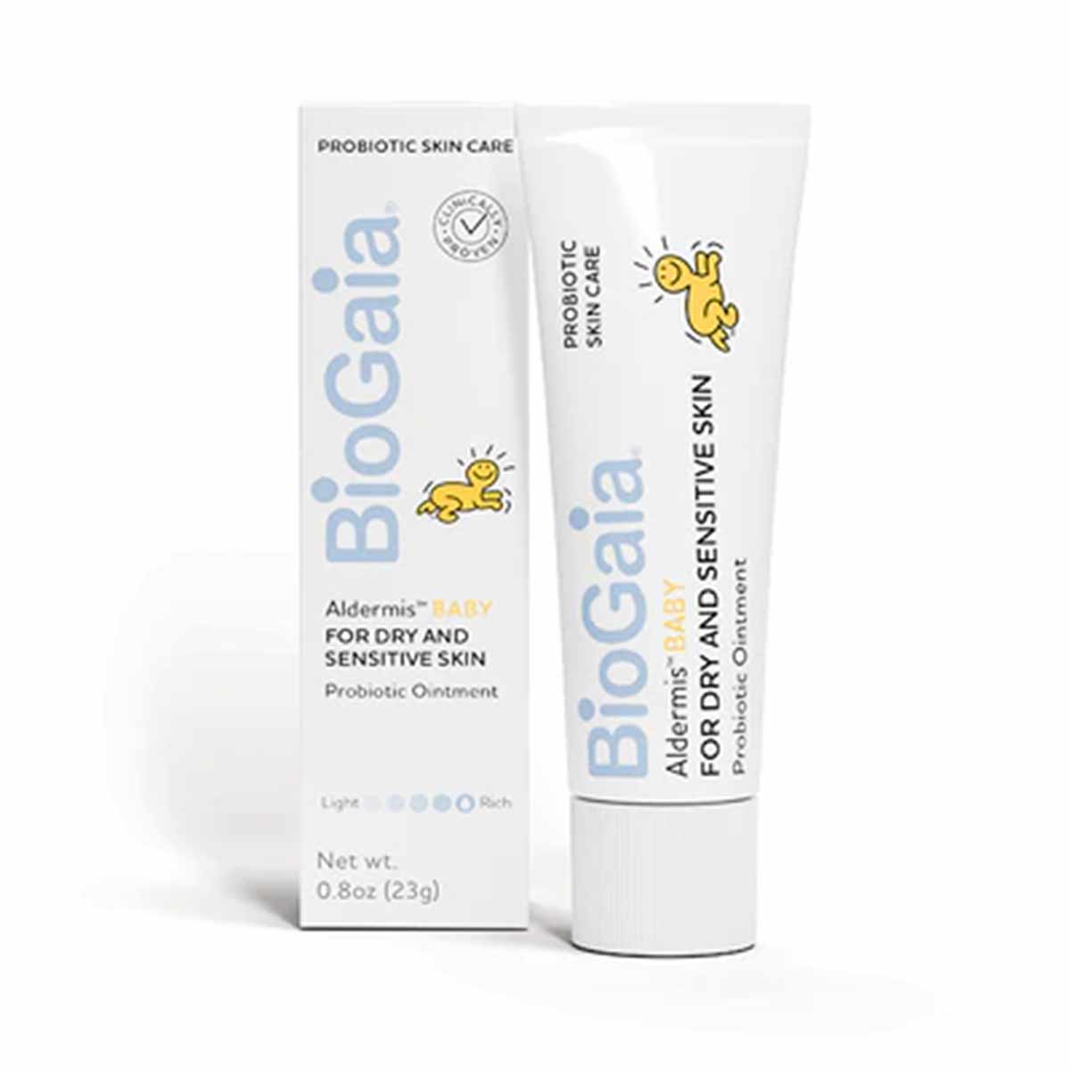 Aldermis Baby probiotic ointment tube and box labeled for dry and sensitive skin care, 0.8oz.