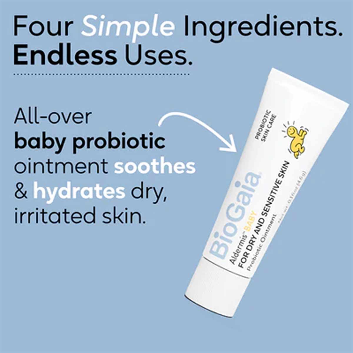 White tube of BioGaia baby probiotic ointment with yellow bear illustration on blue background with product information text.