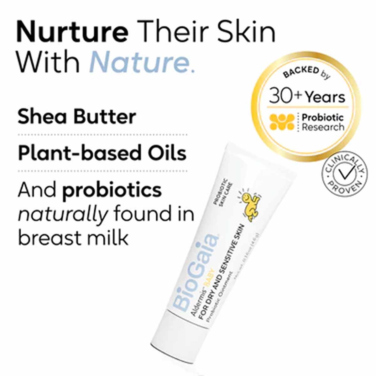 White tube of BioGaia Aldermis baby probiotic ointment with yellow accents and product information text on packaging.