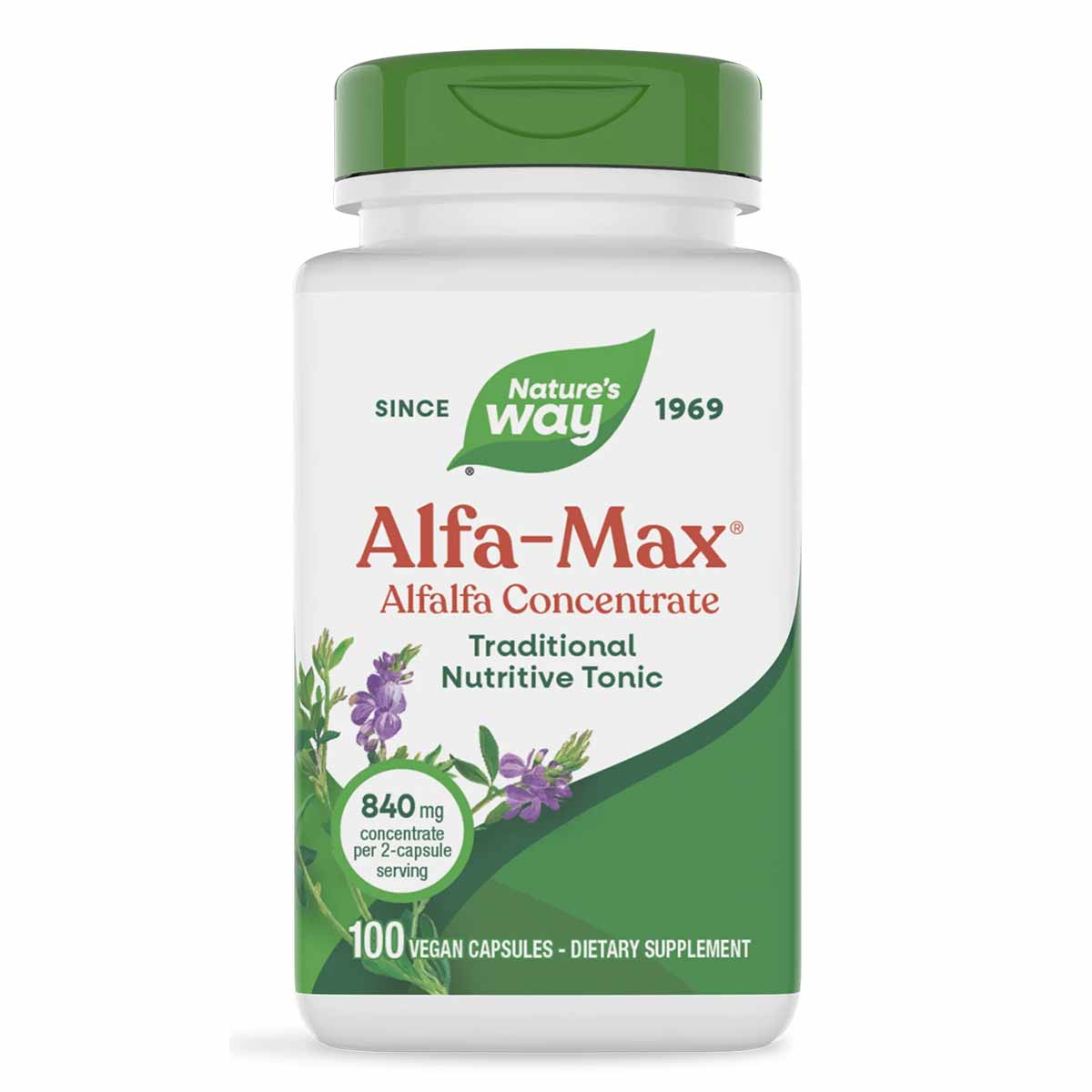 White and green bottle of Nature's Way Alfa-Max Alfalfa Concentrate dietary supplement with 100 vegan capsules.